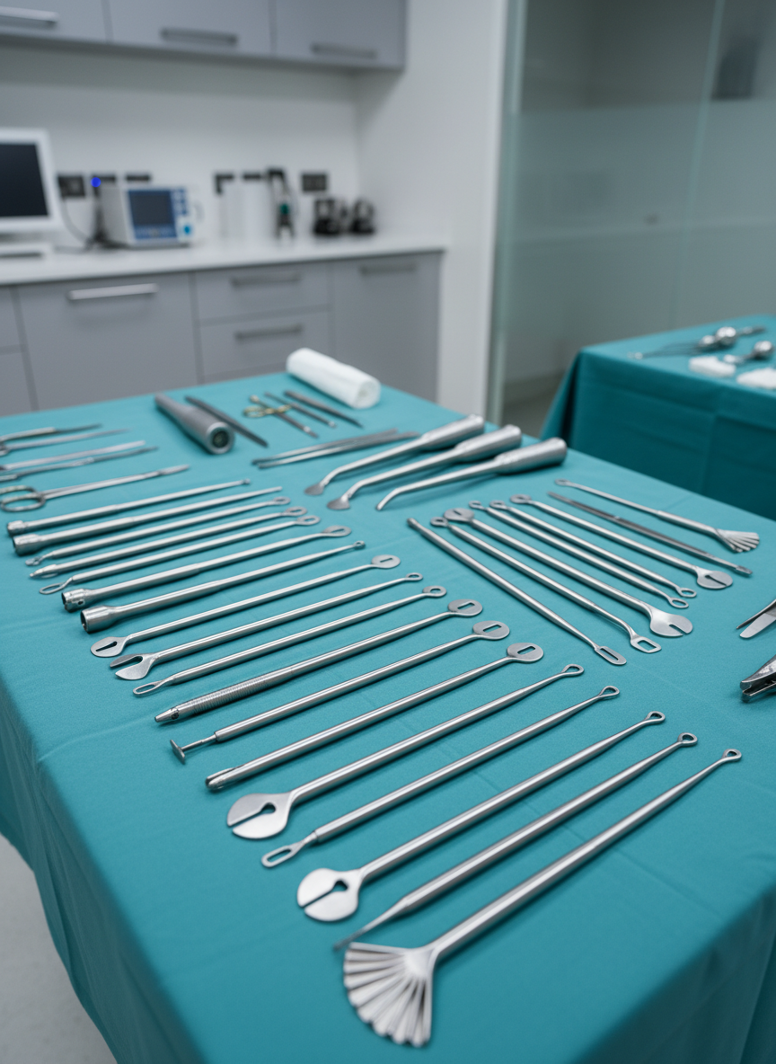 A meticulously organized array of sterile liposuction cannulas and instruments laid out on a light gray, stainless steel surgical tray covered with a smooth, teal surgical drape. Each instrument has a brushed metal finish, with varied lengths and tip designs arranged in perfectly parallel lines, reflecting small points of overhead surgical light. The background shows a softly blurred view of a modern operating room environment in neutral whites and grays, with clean cabinetry and subtle indicator lights from advanced equipment. The lighting is cool, even, and clinical, emphasizing polished surfaces and precision edges while casting minimal, crisp shadows. Captured from a slightly elevated angle with sharp focus on the instruments, the composition feels structured, professional, and detail-oriented, reinforcing a theme of expertise, sterility, and technical mastery in body contour procedures.