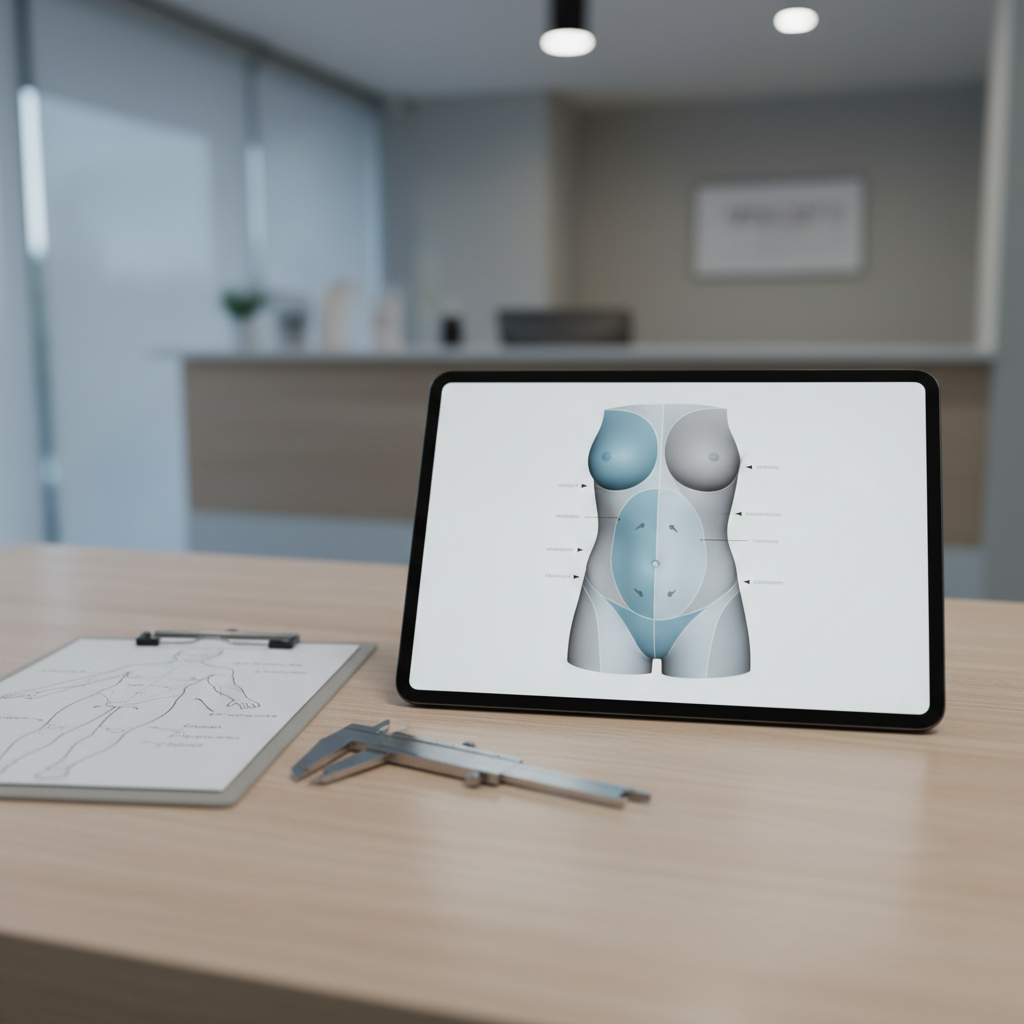 A close-up of a liposuction consultation setup on a light wood desk, featuring a large, high-resolution tablet displaying a neutral-toned 3D body contour diagram with segmented treatment areas highlighted in soft blue and gray. Beside it lies a stainless steel caliper and a slim, matte white clipboard with diagrammatic body outline sketches, all arranged with deliberate precision. The desk surface is impeccably clean, with a subtle wood grain texture. Soft, cool daylight from a nearby window blends with understated overhead office lighting, creating controlled reflections on the tablet screen. Shot from a slightly elevated angle using shallow depth of field, the background fades into a softly blurred neutral clinic interior. The mood is analytical yet reassuring, with a modern, clinical photographic style supporting a sense of careful planning and evidence-based treatment.