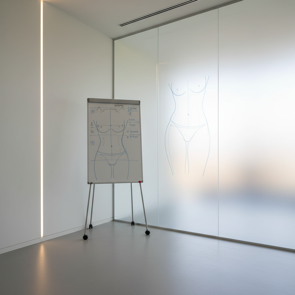 A modern body contouring planning room featuring a full-height frosted glass panel etched with a subtle, abstract outline of the human torso and waist curves, illuminated from behind by diffused daylight. In front of the glass stands a slim, wheeled whiteboard with neatly drawn contour lines and volumetric markings in muted blue and gray marker. The floor is a seamless light gray resin, and the walls are matte white with a single vertical strip of indirect LED lighting. The scene is captured from a wide, slightly diagonal angle to showcase depth, with sharp focus and clean lines. The atmosphere is quietly focused and methodical, exuding a high-end, corporate clinic aesthetic in photographic realism, emphasizing thoughtful, customized planning for targeted fat removal and redistribution.