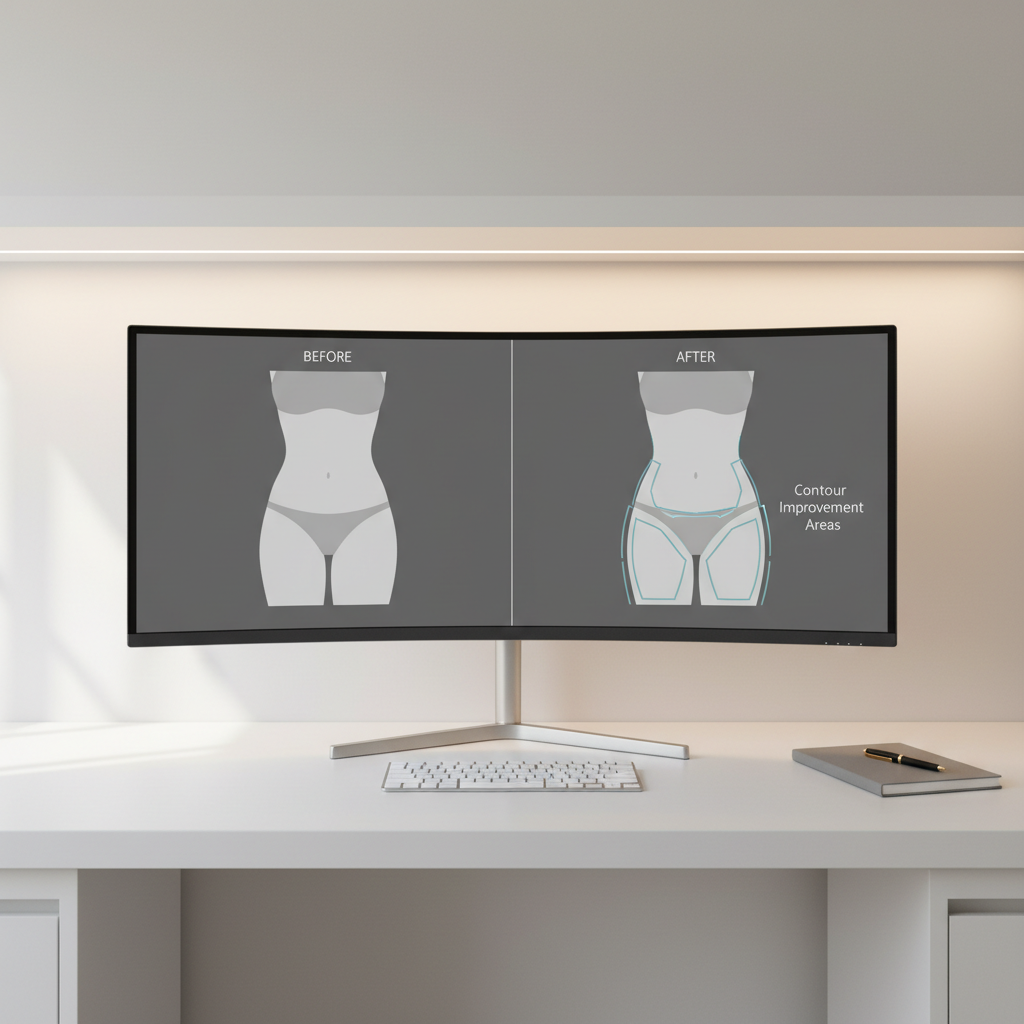 A refined before-and-after analysis workstation for fat transplantation, featuring a large ultra-wide monitor displaying symmetrical side-by-side torso silhouettes rendered in soft grays, with contour improvement areas subtly outlined in muted blue. The monitor sits on a clean white desk with cable management hidden, accompanied only by a slim wireless keyboard and a single matte gray notebook. The wall behind is an uninterrupted off-white surface, enhancing the sense of space and order. Soft, indirect LED strip lighting beneath an upper shelf produces a gentle halo on the wall, complemented by faint natural light from the side. Photographed straight-on at eye level with a balanced, symmetrical composition and photographic realism, the mood is analytical, transparent, and calm, communicating objective, data-driven evaluation of liposuction and fat grafting outcomes.