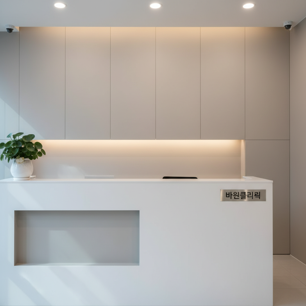 A minimalist clinic reception desk in a liposuction specialty center, constructed from smooth white solid-surface material with an inset light gray front panel and a discreet brushed metal logo plaque reading “바이원클리닉.” Behind the desk, a perfectly aligned wall of matte beige panels and a softly glowing horizontal light strip create a structured backdrop. On the counter, a single small potted green plant in a white ceramic pot adds a touch of calm. Cool, diffused ceiling lighting combines with gentle natural light from an unseen side window, casting clean, controlled shadows. Captured from a slightly elevated, centered perspective, the composition feels balanced and corporate, with photographic realism, neutral tones, and crisp lines emphasizing professionalism, discretion, and high-end medical expertise.