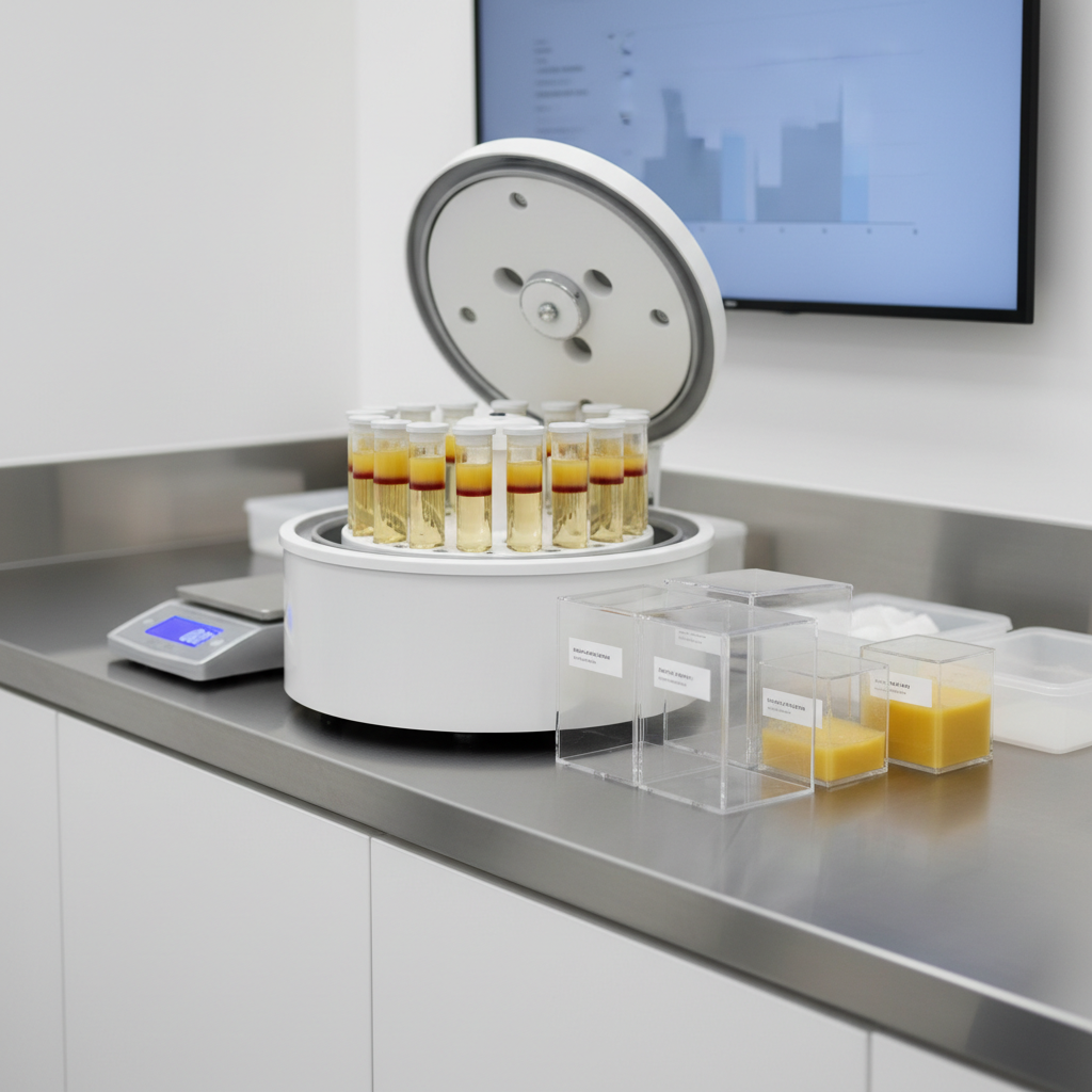 A clinically precise fat processing station for autologous fat grafting, featuring transparent centrifuge tubes filled with delicately stratified golden-yellow and clear fluid layers, securely held in a sleek, white centrifuge rotor. The station sits on a spotless stainless steel counter with integrated edges, reflecting soft highlights from overhead clean-room lighting. Nearby, labeled, clear acrylic containers and a digital scale with a crisp LED display complete the setup, all aligned with almost architectural order. The background fades into gently blurred white cabinetry and a wall-mounted monitor displaying minimalist graphs in muted colors. Shot close-up at a slight three-quarter angle with photographic realism, the composition emphasizes clarity, sterility, and precision, creating a calm, scientific atmosphere that underscores the clinic’s expertise in refined fat harvesting and transplantation.