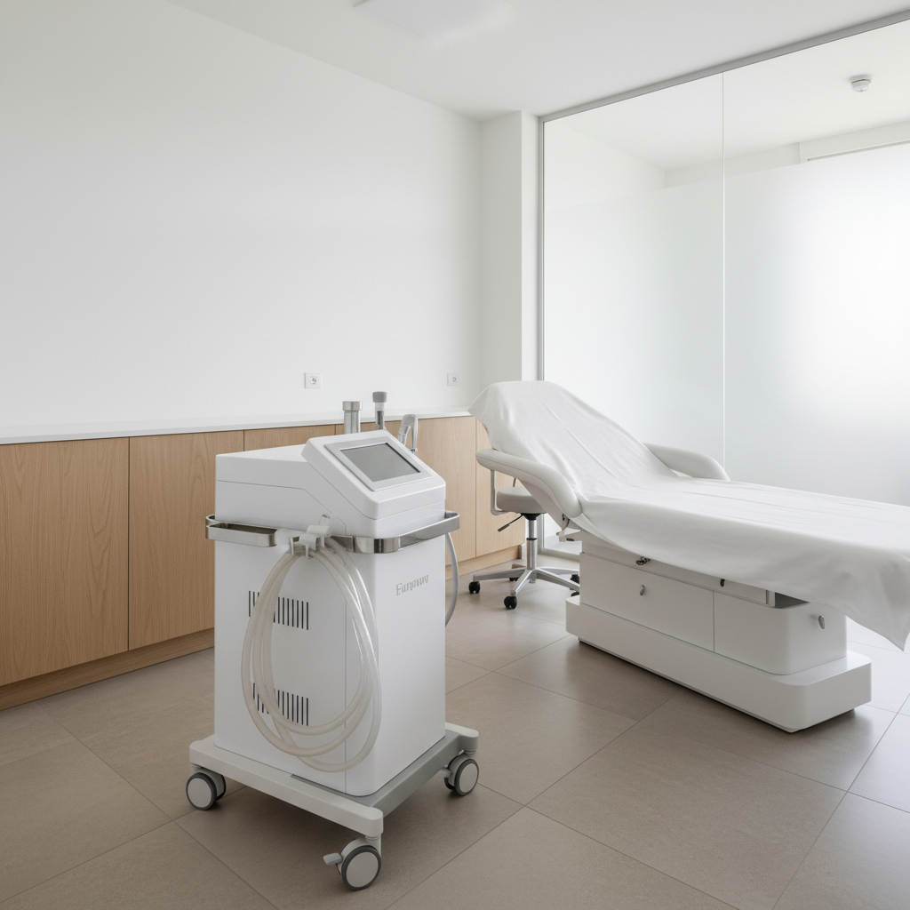 A pristine, high-end medical treatment room designed for advanced body contouring, featuring a sleek, white liposuction machine with stainless steel accents and neatly coiled transparent tubing resting on a streamlined cart. The room has clean white walls, a soft gray treatment bed with crisp linens, and built-in cabinetry in matte light oak. Neutral-toned tiles reflect soft, diffused daylight entering through a large frosted glass panel, creating subtle highlights on polished metal surfaces and gentle shadows beneath the equipment. Shot at eye level with a wide-angle lens, the composition emphasizes order and cleanliness, maintaining sharp focus throughout. The atmosphere feels professional, calm, and meticulously organized, with a modern, corporate photographic realism that conveys trust and precision.
